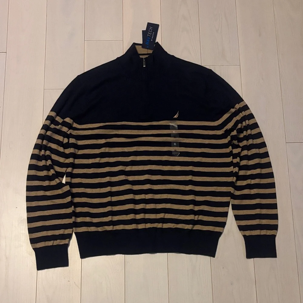 NWT Nautica Men's Black and Tan Quarter Zip-Up Sweater - Picture 1 of 6